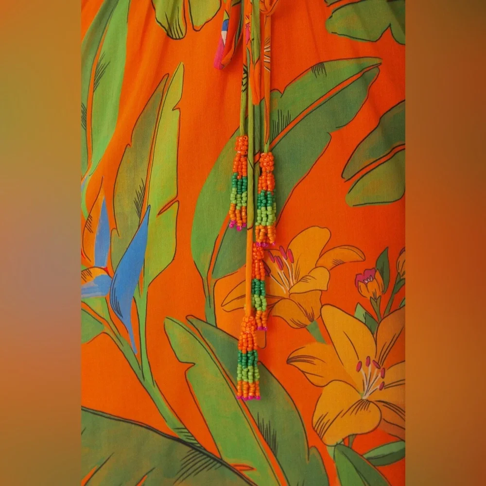 FARM Rio Orange Tropical Maxi Dress with Green Leaf Print - Picture 4 of 4
